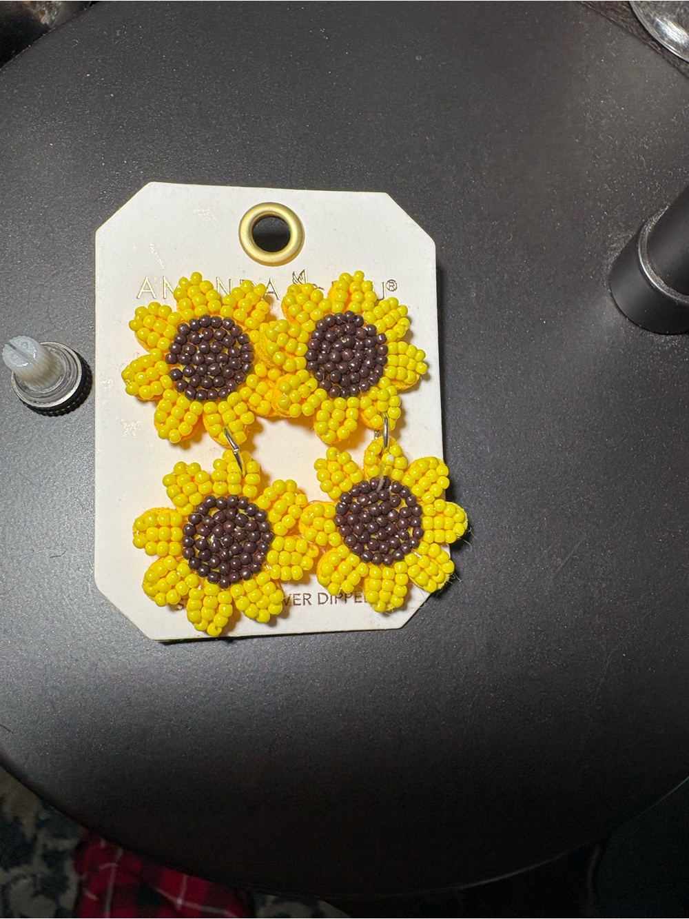 Beaded Sunflower Drop Earrings lg - Yellow & Brown a sterling silver dipped